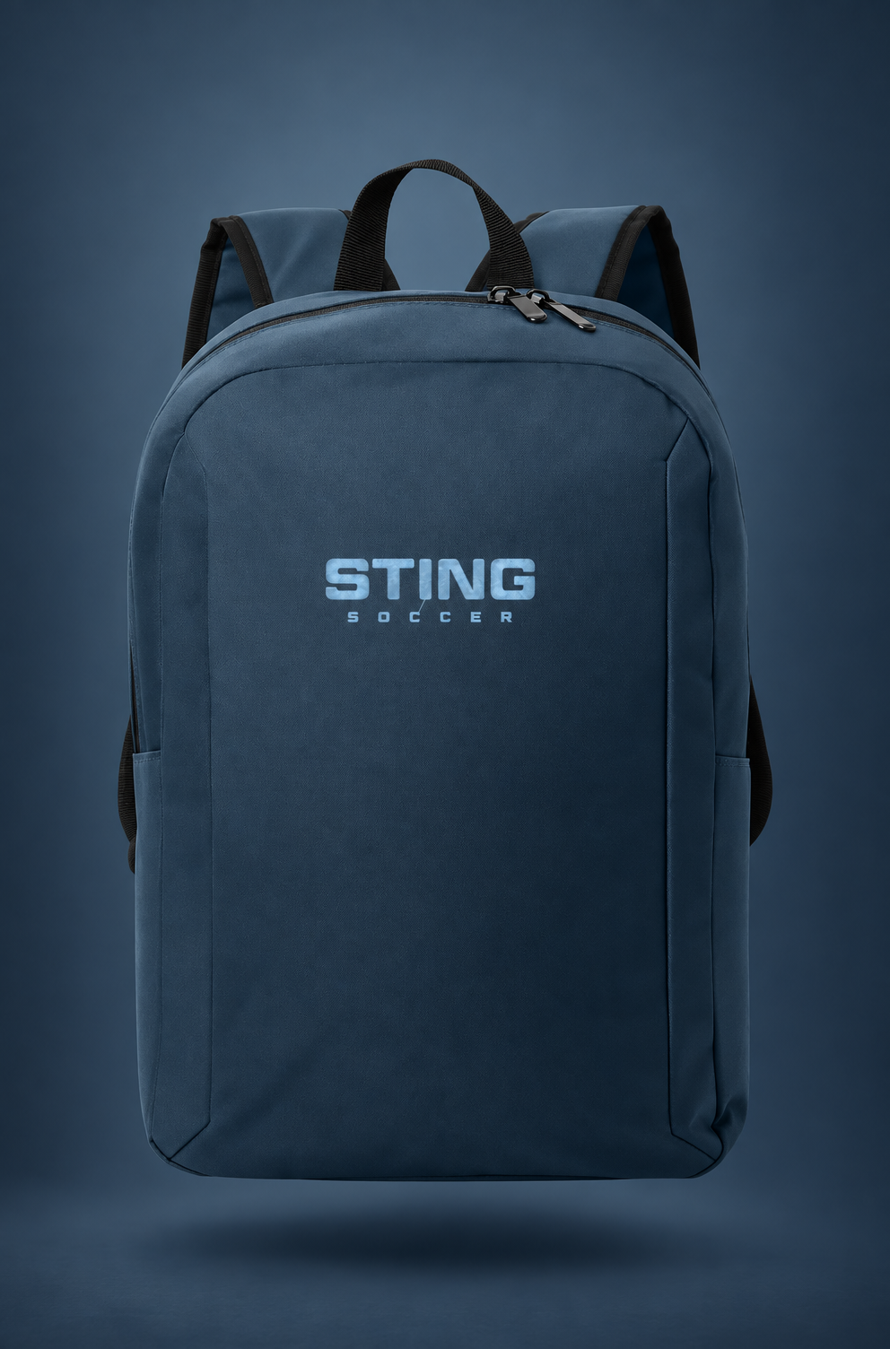 Sting Soccer Club navy modern backpack, front view