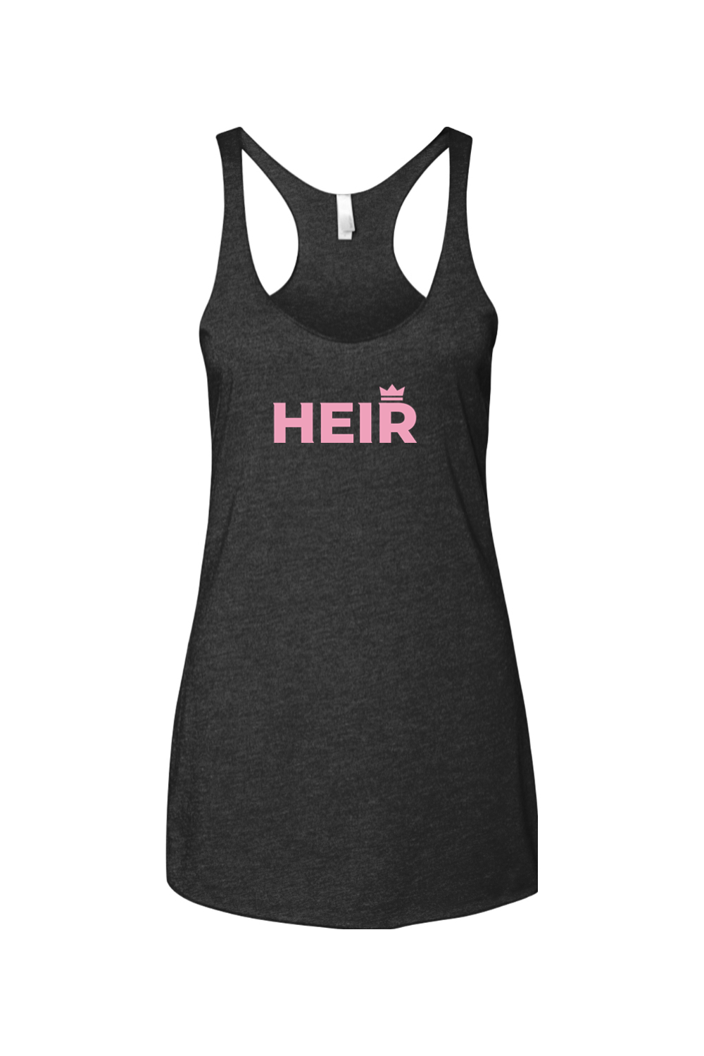 Black tank top with 'HEIR' printed in pink on a white background