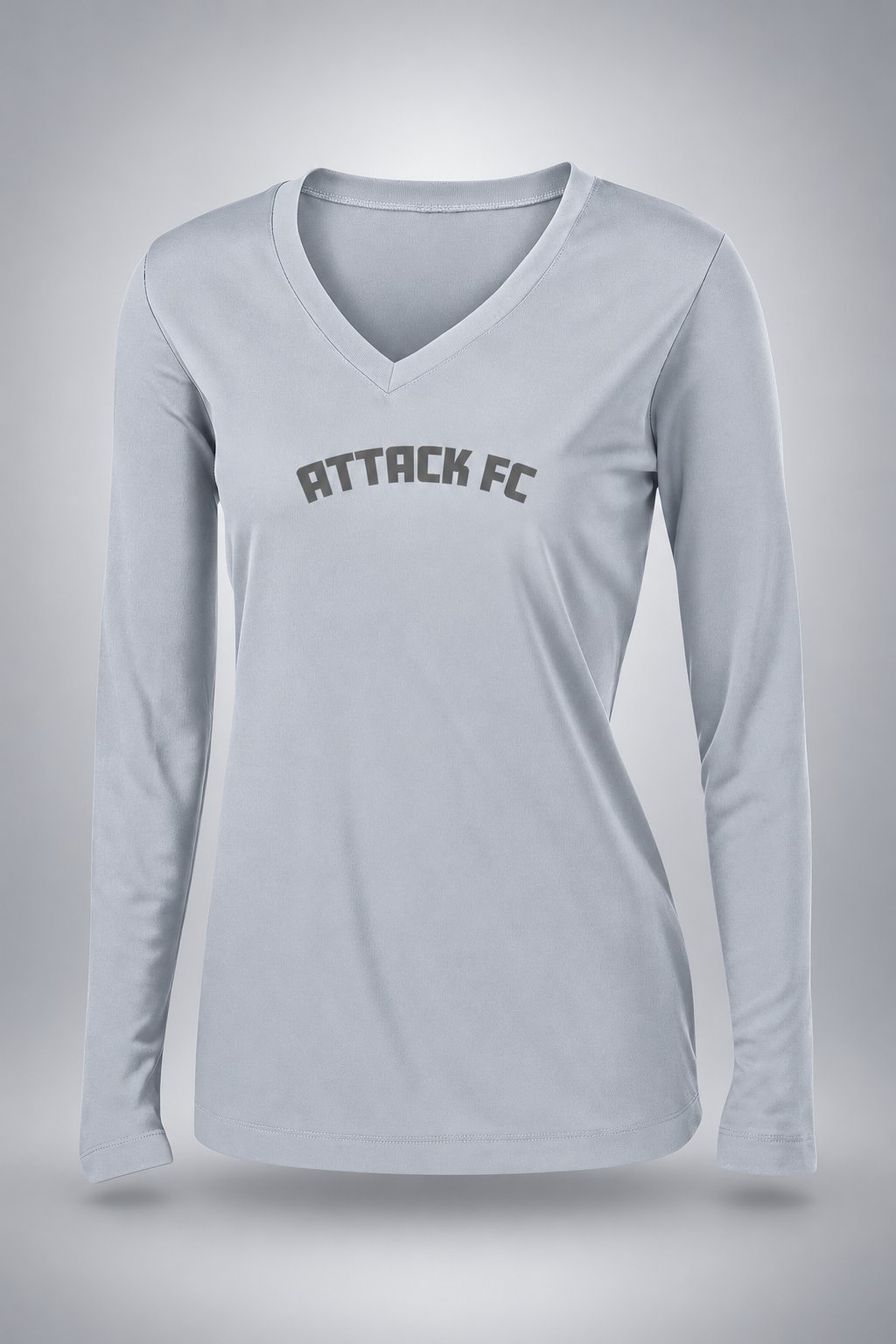 Attack FC | Ladies PosiCharge Competitor Long Sleeve V-Neck Tee – Silver, front view