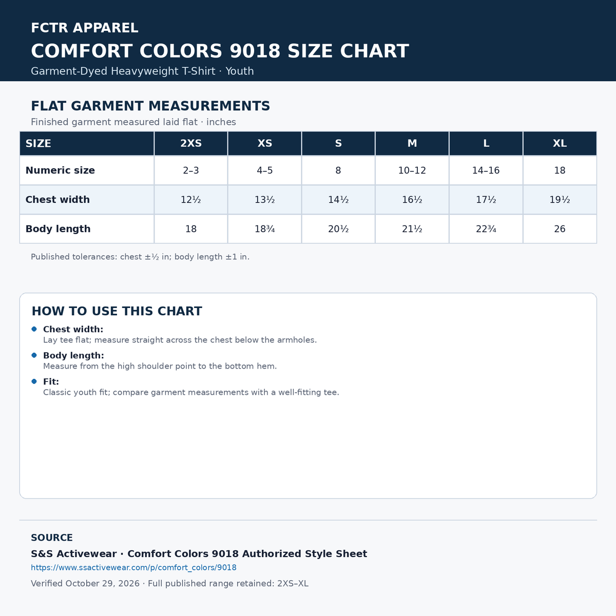 FCTR Comfort Colors 9018 youth garment-dyed heavyweight T-shirt size guide. Flat garment measurements in inches, full 2XS–XL range. S&S verified October 29, 2026.