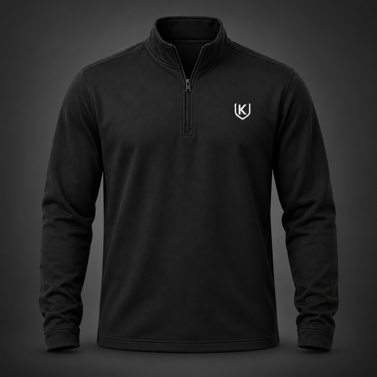 Black men's quarter-zip pullover with a small white K-shield embroidered on the left chest.