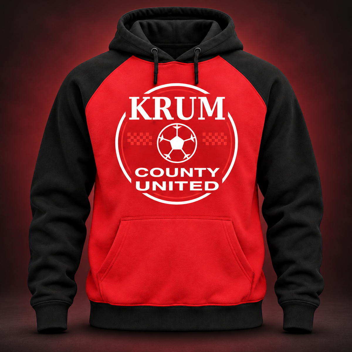 Red and black Krum County United hoodie with a large white heritage soccer roundel.