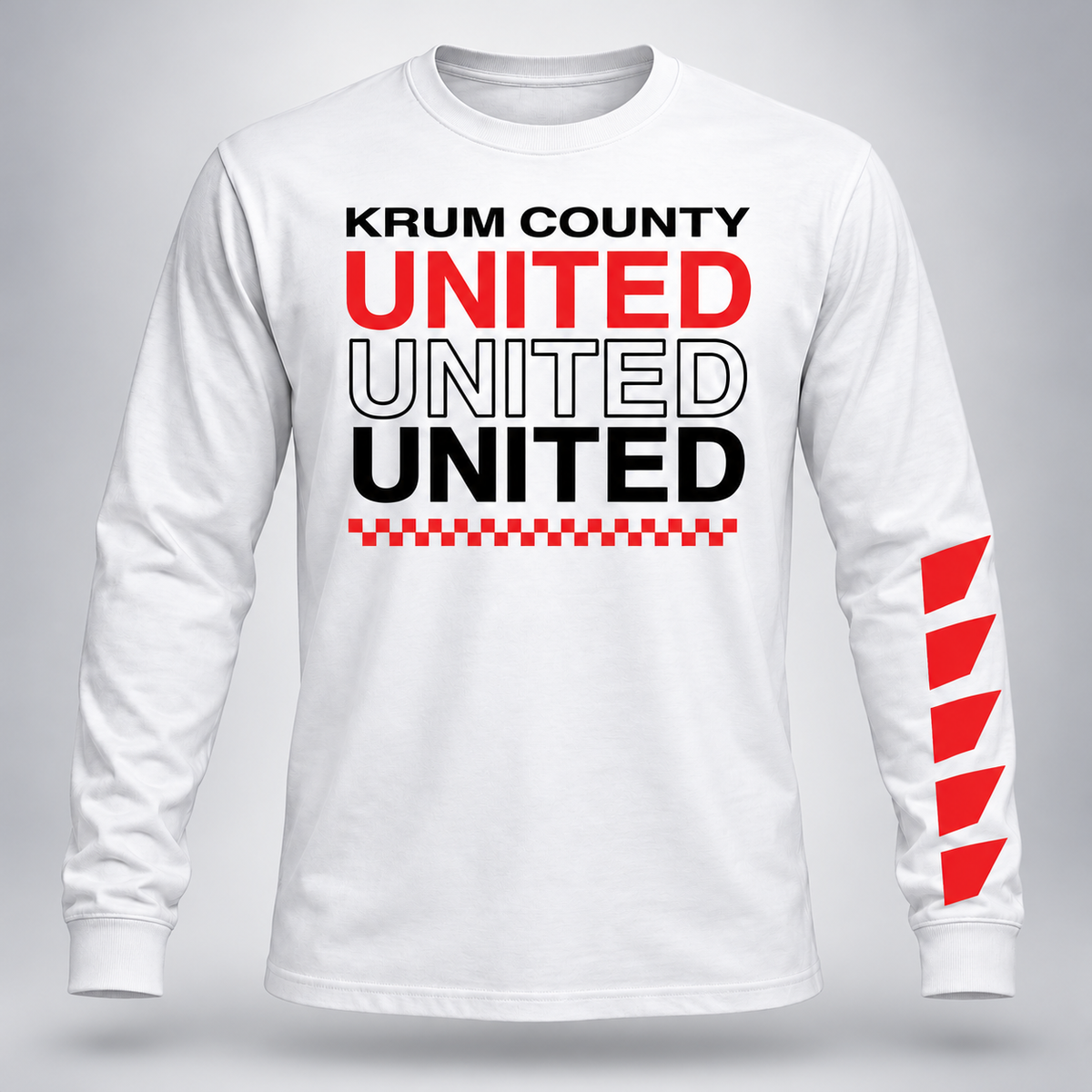 White Krum County United long sleeve with stacked UNITED graphics and red sleeve chevrons.