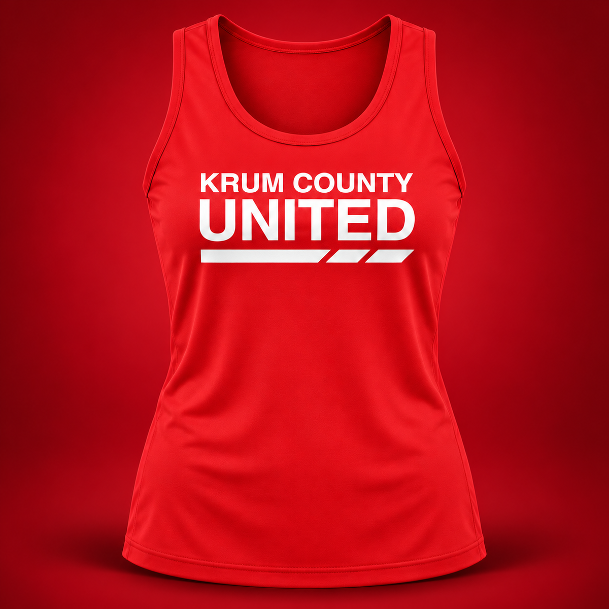 Red women's athletic-style tank with white Krum County United lettering and a segmented underline.
