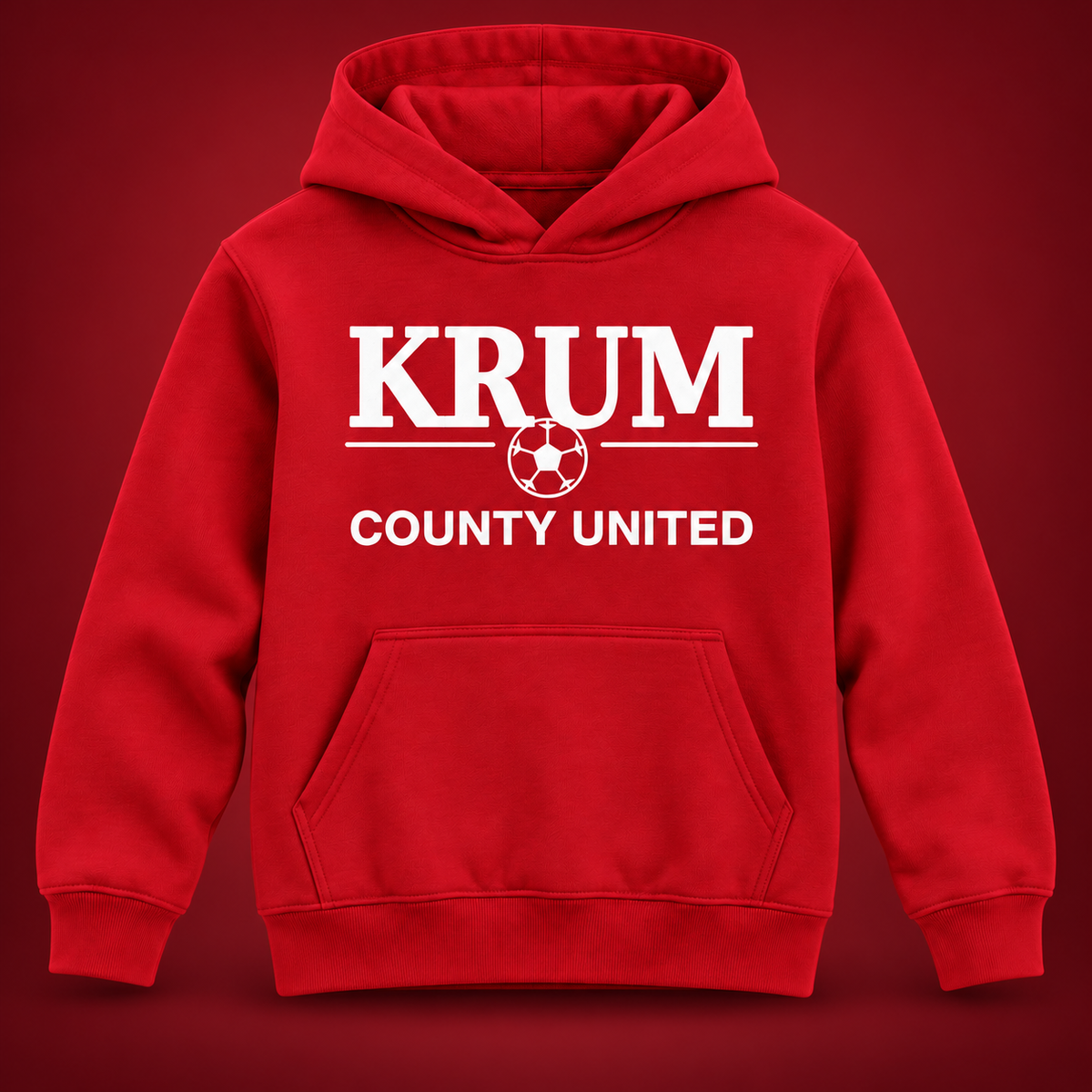 Red youth pullover hoodie without drawcords, featuring a white collegiate Krum County United soccer graphic.