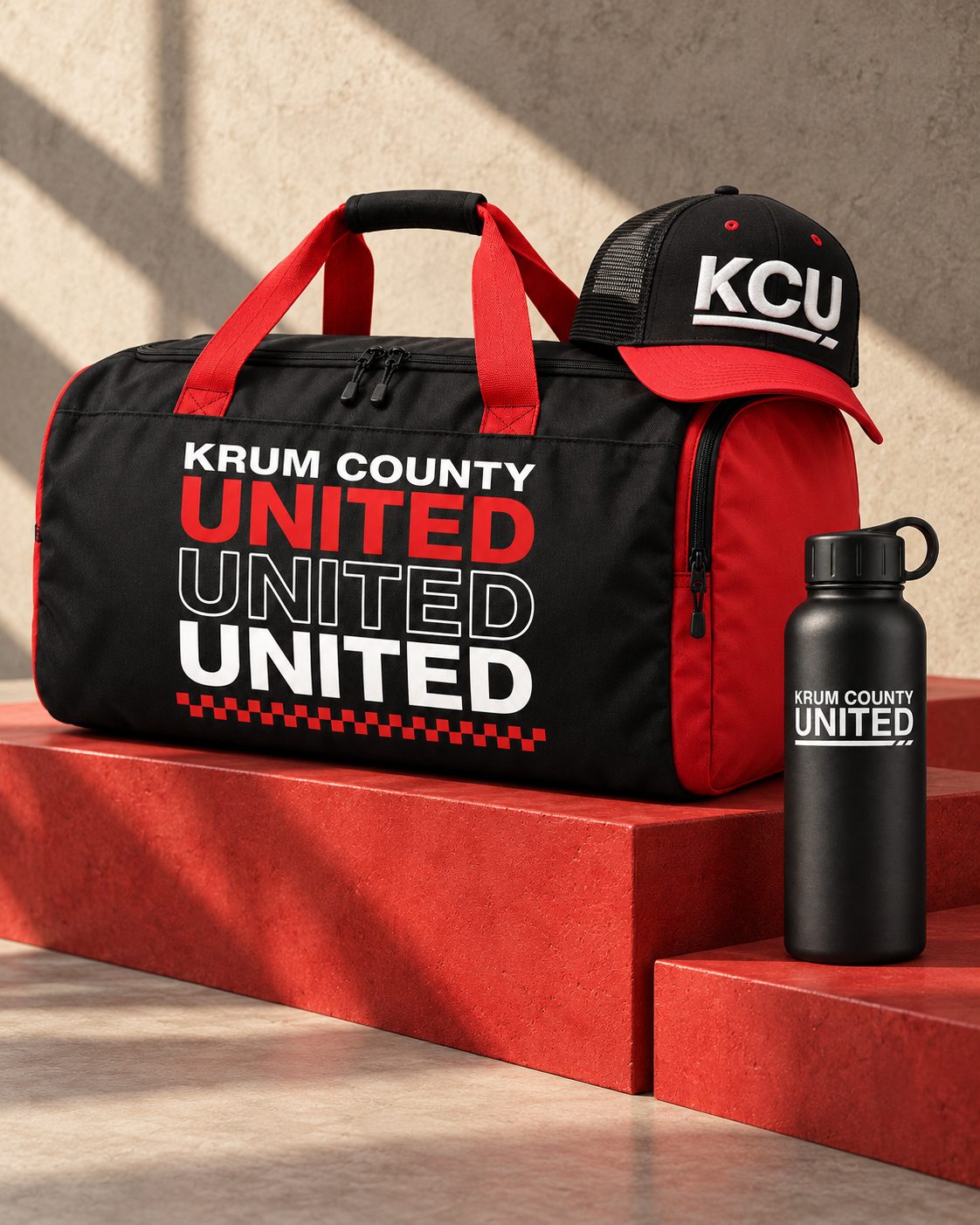 Krum County United accessories collection with duffel bag, cap, and water bottle