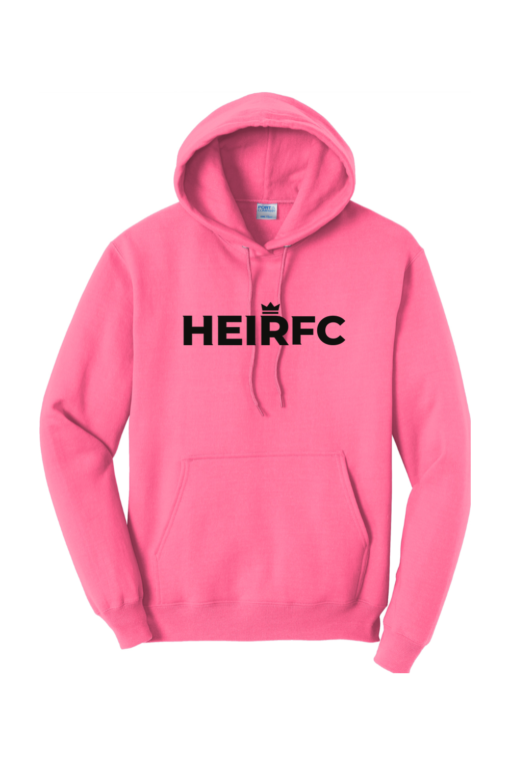 Pink hoodie with 'HEIRFC' text on a white background