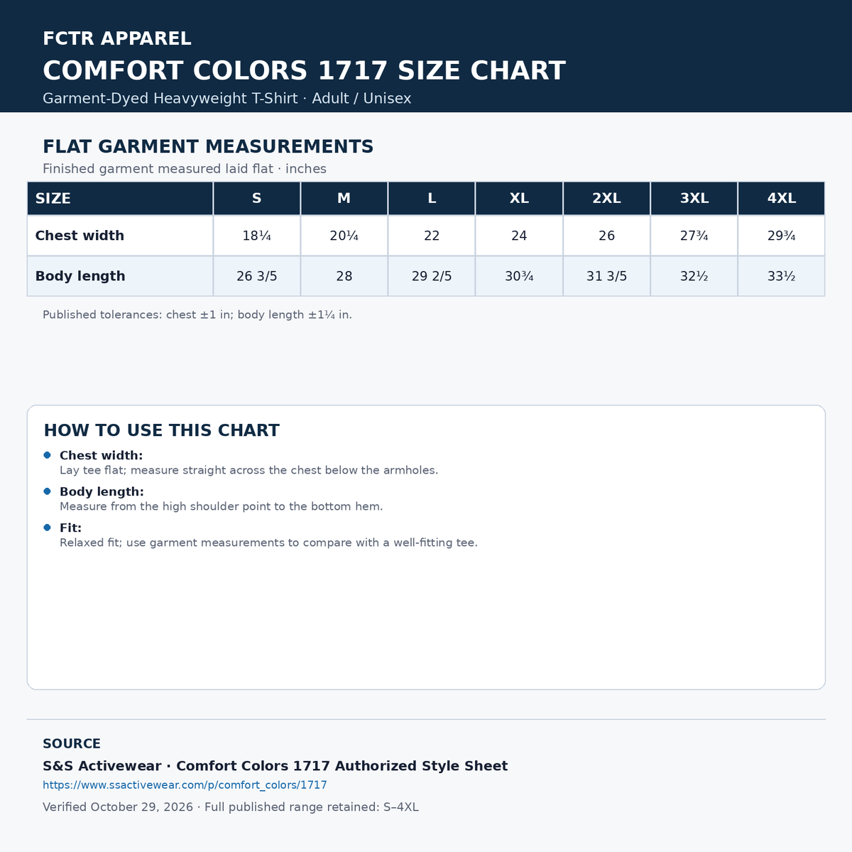 FCTR Comfort Colors 1717 adult/unisex garment-dyed heavyweight T-shirt size guide. Flat garment measurements in inches, full S–4XL range. S&S verified October 29, 2026.