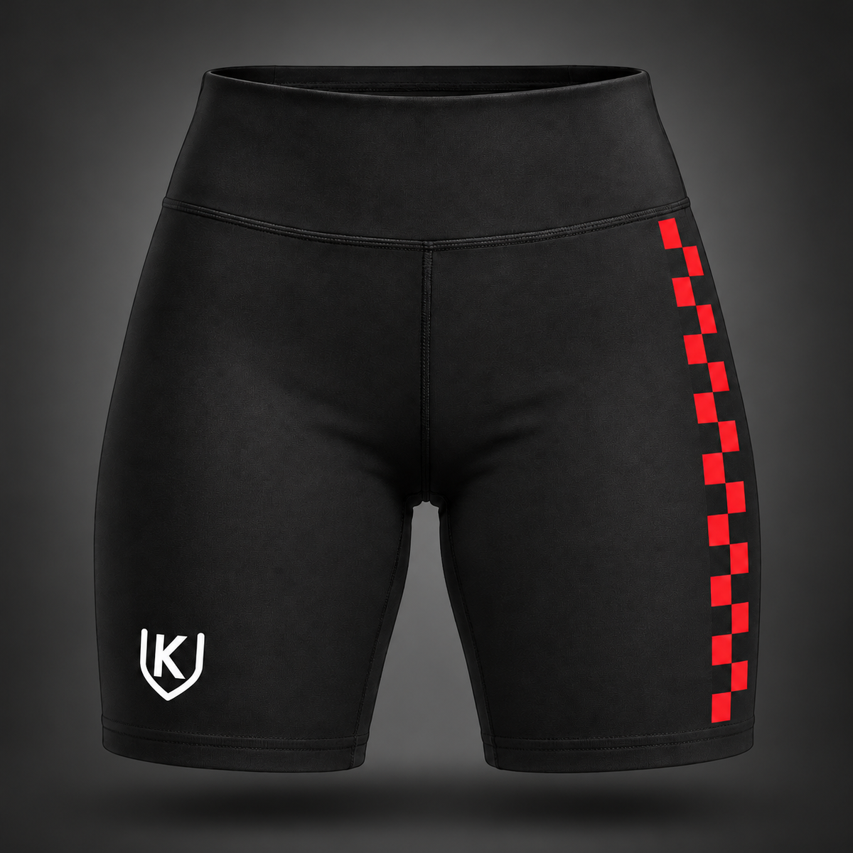 Black Krum County United bike shorts with a red checker side stripe and small white shield mark.