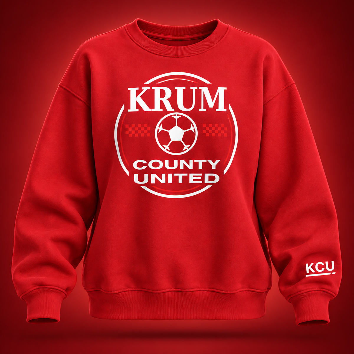 Red oversized Krum County United crewneck with a heritage roundel and white sleeve monogram.