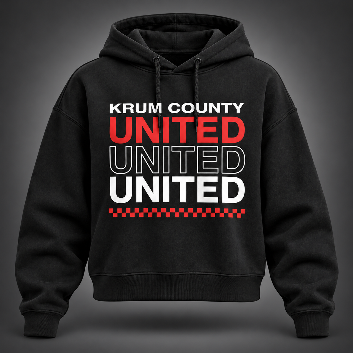 Black boxy Krum County United hoodie with three stacked UNITED rows and a red checker underline.